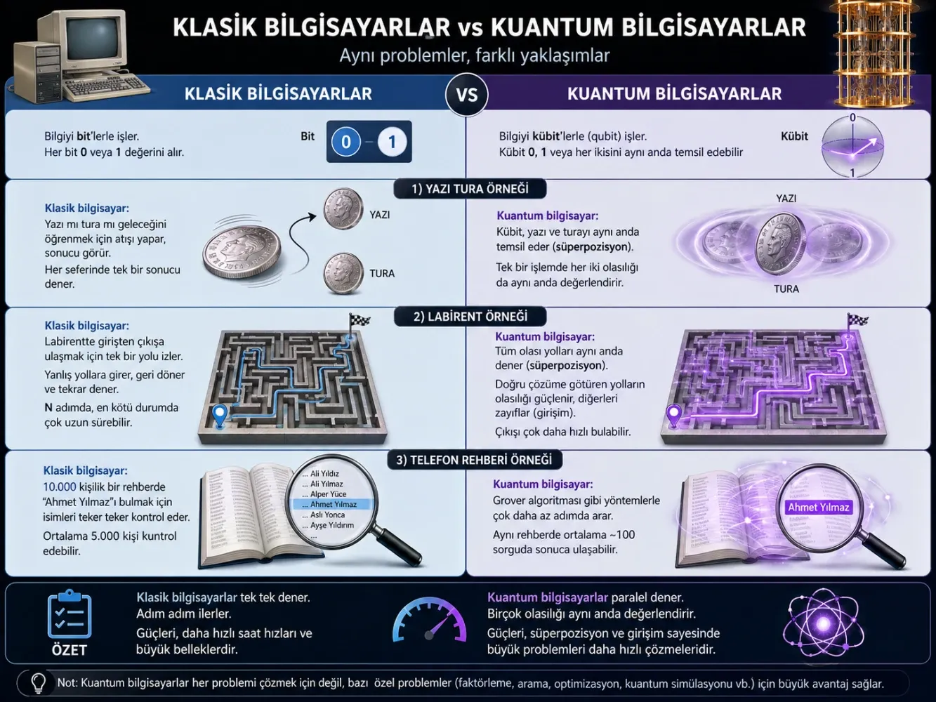 Klasik bilgisayarlar ve kuantum bilgisayarlar karşılaştırması: bit ve kübit, yazı-tura, labirent ve telefon rehberi örnekleri